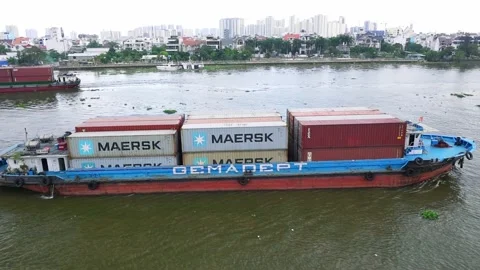 Cargo ships export goods through along riverside Stock Footage 155871411