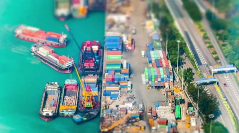 Cargo ships loaded by crane with cargo containers at port terminal. Hong Kong Stock Footage