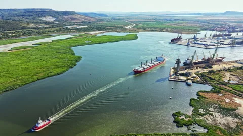 Cargo ships navigate a river near a port surrounded by green land during a sunny Stock Footage 341033055