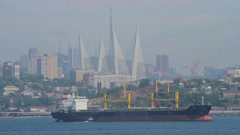 Cargo ships navigate in the strait in summer day Stock Footage 77789142