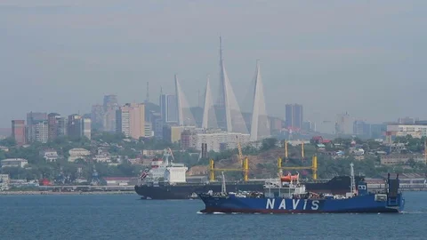 Cargo ships navigate in the strait in summer day Stock Footage 77789444
