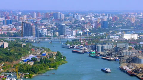 Cargo ships navigating the Don River in Rostov on Don Stock Footage 337018478