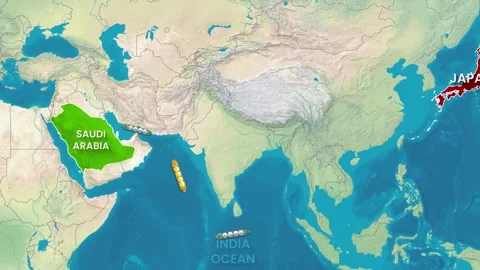 Cargo ships navigating sea routes from Saudi Arabia to Japan animation footage 動画素材 345707950