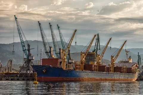 Cargo ships in the port. Georgia, Batumi, Batumi cargo port on July 22, 2018. Stock Photos