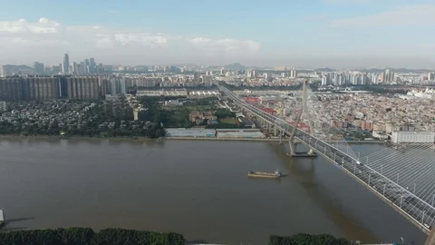 Cargo ships sail under a large cable-stayed bridge Stock Footage 113667022