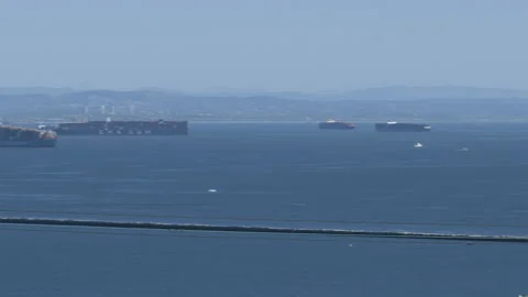 Cargo ships stuck at sea waiting to enter the Port of Los Angeles Stock Footage