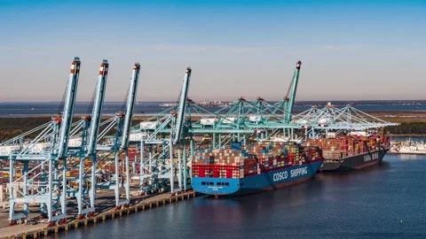 Cargo Ships Unloading at Port Stock Footage 143803855