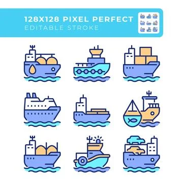 Cargo shops types pixel perfect line color icons set Illustrazione stock