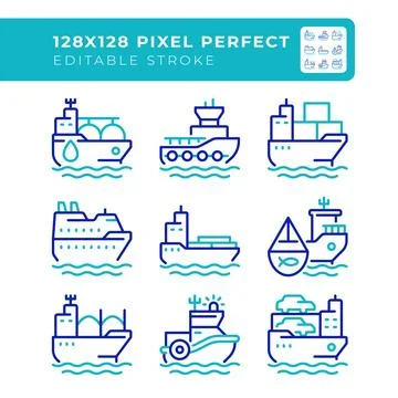 Cargo shops types pixel perfect two color line icons set Illustrazione stock