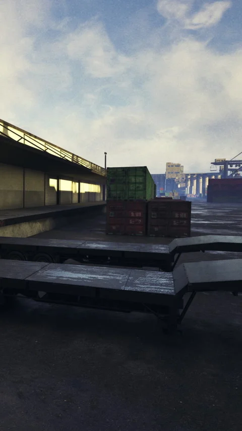 Cargo stacked on a trailer in a shipping yard with containers in background Stock Footage 331686267