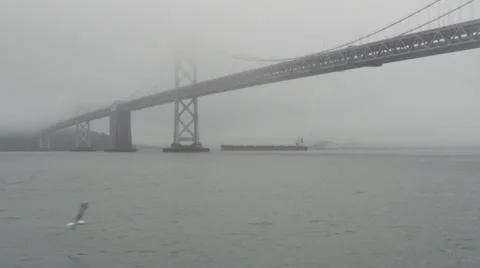 Cargo Tanker Ore Ship Moving Under SF Bay Bridge in Heavy Fog Past O Stock Footage 36624806