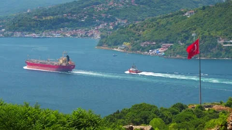 Cargo tanker ship floating through the Bosphorus strait from the Black Sea Stock Footage 249976570