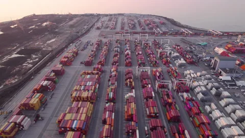 Cargo terminal loading shipping containers onto cargo ships, aerial footage 스톡 동영상 219788914