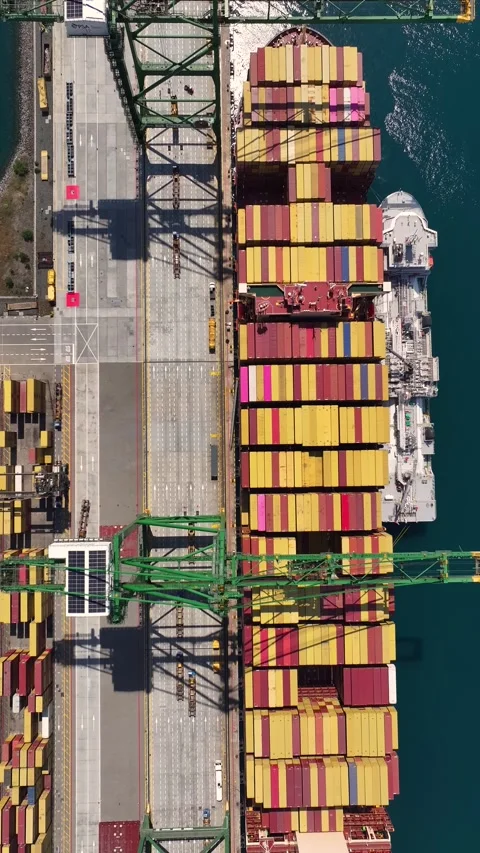 Cargo terminal operations with shipping containers and container ship Stock Footage 340234796