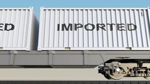 Cargo train and containers with IMPORTED caption. Railway transportation. 3D Stock Illustration