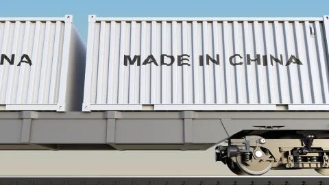 Cargo train and containers with MADE IN CHINA caption. Railway transportation Stock Illustration