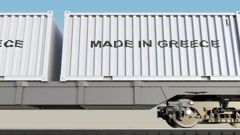 Cargo train and containers with MADE IN GREECE caption. Railway transportation Stock Illustration
