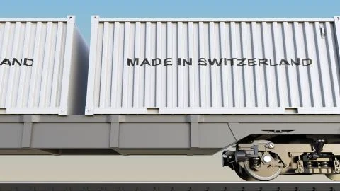 Cargo train and containers with MADE IN SWITZERLAND caption. Railway Stock Illustration