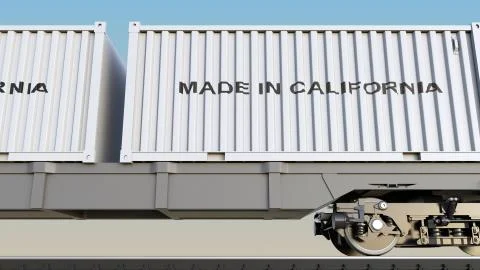 Cargo train and containers with MADE IN CALIFORNIA caption. Railway Stock Illustration