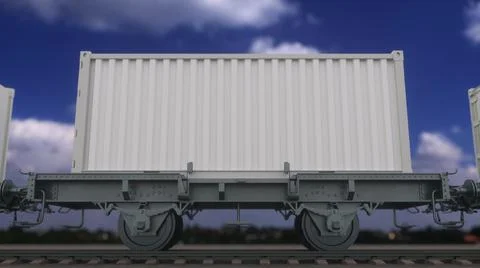 Cargo train with blank white containers. Railway transportation. 3d rendering Illustrazione stock