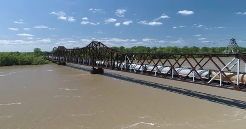 Cargo train on bridge over the Atchafalaya River, Louisiana drone aerial 4K Stock Footage 111364060