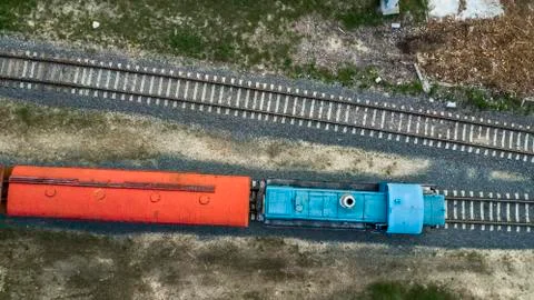 Cargo train closeup view from above with drone Stock Photos