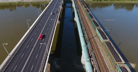 Cargo Train Convey Coal On Bridge On Sunny Day Stock Footage 93342161