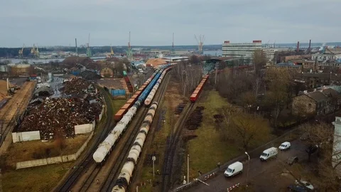 Cargo train flyover with petrol wagons Stock Footage 122235614