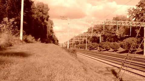 Cargo Train With Many Wagons In Move On The Top View In Retro Stock Footage 84683430