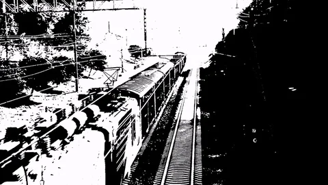 Cargo Train Move On Railway With The Top View In Drawing Stock Footage 84951692