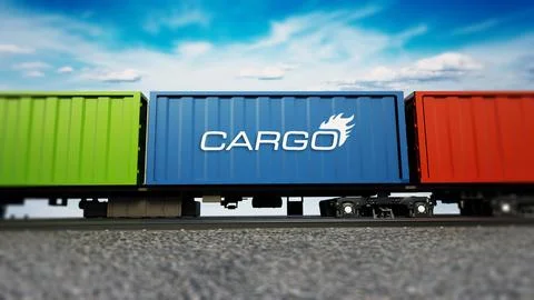 Cargo train moving on the railroad. 3D illustration Stock Illustration
