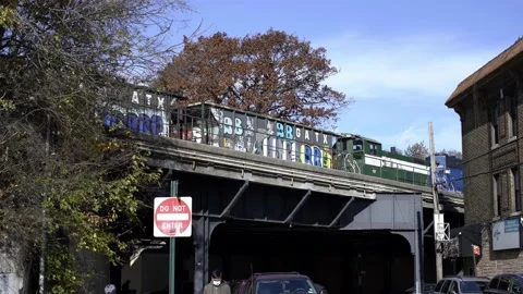 Cargo Train in NYC standing on tracks. Elevated Train tracks Stock Footage 200797113