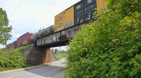 Cargo Train Over Bridge Stock Footage 10979310
