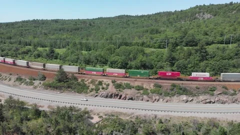 Cargo Train Passing by Forest in Canada Stock Footage 142901067