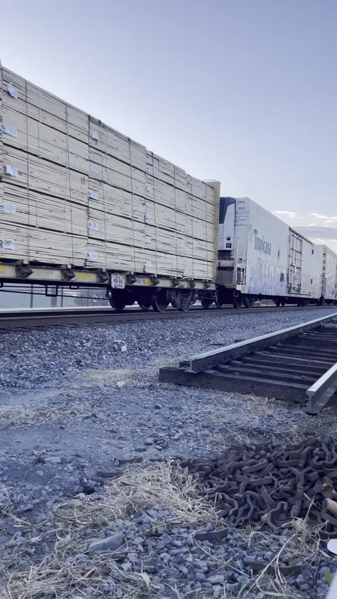 Cargo Train Passing Through Newburgh NY with Hudson River Background 05 VERTICAL Video stock 292646087