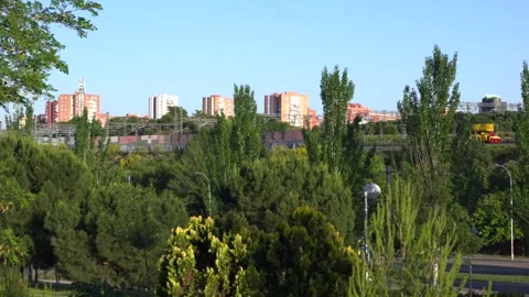 Cargo train passing through a verdant suburban landscape Stock Footage 335377876