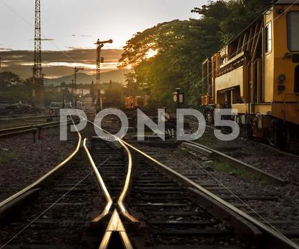 Cargo train platform at sunrise Stock Photos