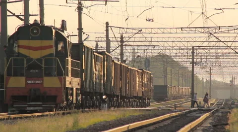 Cargo Train Pulls Stock Footage 64269496