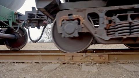 Cargo train rides on railroad moving slowly by rail at the station 스톡 동영상 266383514