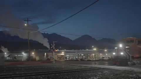 Cargo train speeding through railway crossing at night Stock Footage 225404956
