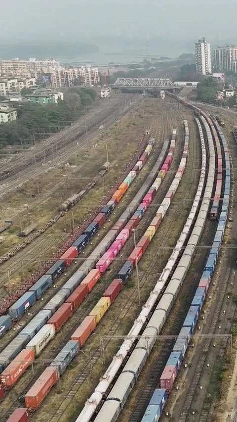 Cargo Train Traffic Congestion Rail Transport Vertical 4K Video stock 329920312