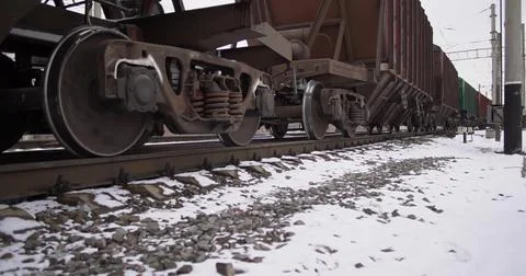 Cargo train on trail. Freight on tracks. Loopable seamless footage. Foto stock