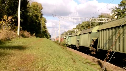 Cargo Train With Wagons And Woods On The Front View In Diagonal Stock Footage 84771663