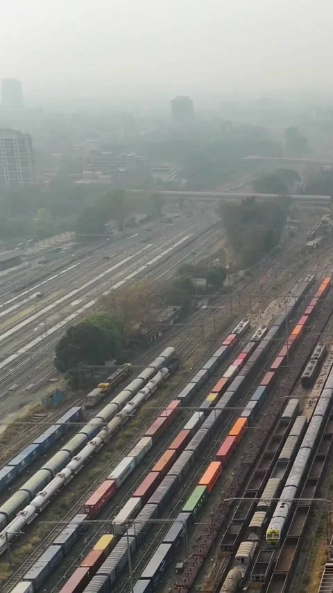 Cargo Trains Queue Aerial View Railway Tracks 4K Stock Footage 329920300