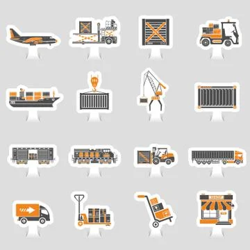 Cargo Transport and Packaging two color sticker set Stock Illustration