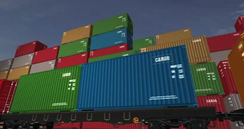 Cargo transport import export containers on cargo train wagons loop Stock Footage 297269693