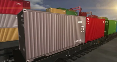Cargo transport import export containers on cargo train wagons loop Stock Footage 297270257