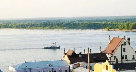 Cargo transport ship is floating along Volga river in Nizhny Novgorod. Stock Footage 90619660