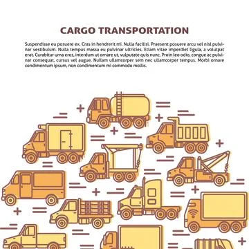 Cargo transportation banner template with different types of trucks in flat Stock Illustration