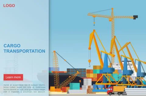 Cargo transportation flat vector landing page template. Port dock cranes loading Ilustración de archivo